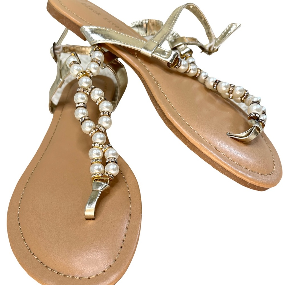 Black Rivet Pearl and Rhinestone T-Strap Sandals with Gold Straps
